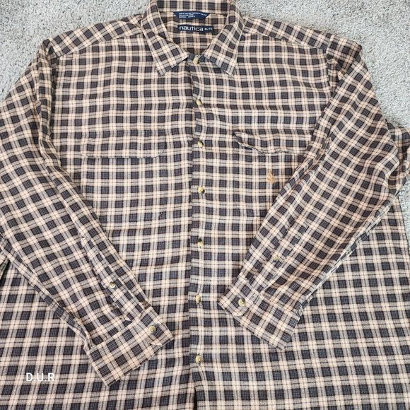 Vintage Nautica Shirt Men's XL Brown Tan Striped Long Sleeve Casual Pocket Logo - Picture 3 of 12